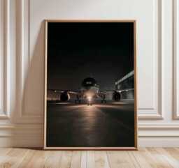 Airplane Wall Art - Night Airport Poster Aviation Decor Modern Jet Plane Print Pilot Gift Travel Photography Inspired Artwork - thumbnail 1