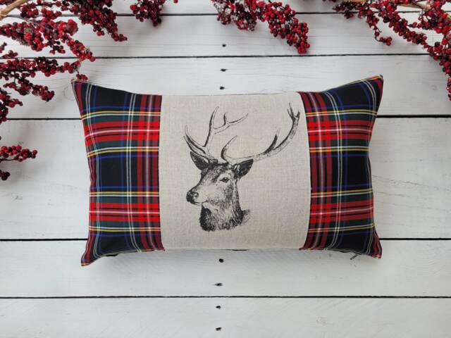 stag Pillow Cover, Farmhouse Covers, Plaid Rustic Tartan Sham - image 1