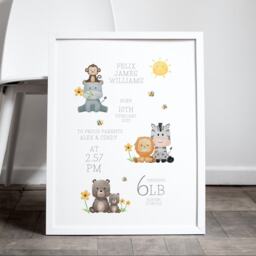 Framed & Personalised Safari Print, Name Safari, Jungle Animals, Animal Elephant Giraffe, Baby Animal - thumbnail 1