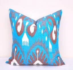Handmade Silk Cotton Ikat Pillow Cover, Aqua Blue, 20x20 - thumbnail 1
