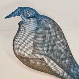 Metal Mesh Bird Sculpture, Blue & Gold Wire, Wall Or Mobile Decor - thumbnail 3