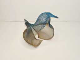 Metal Mesh Bird Sculpture, Blue & Gold Wire, Wall Or Mobile Decor - thumbnail 1