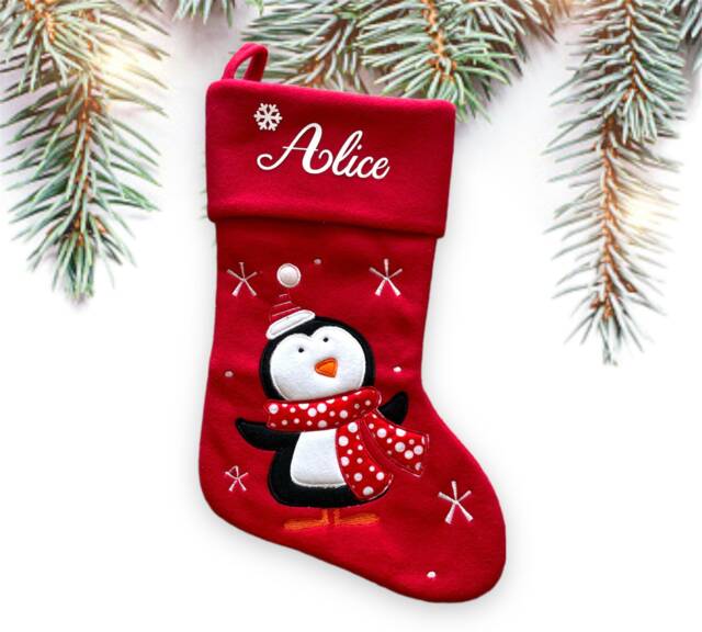 Personalised Red Christmas Stocking, Luxury Santa, Snowman, Reindeer Or Penguin, Family - image 1