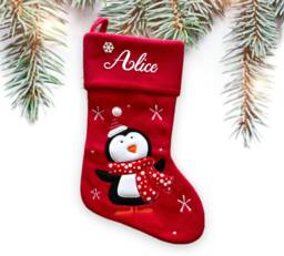 Personalised Red Christmas Stocking, Luxury Santa, Snowman, Reindeer Or Penguin, Family - thumbnail 1