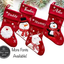 Personalised Red Christmas Stocking, Luxury Santa, Snowman, Reindeer Or Penguin, Family - thumbnail 2