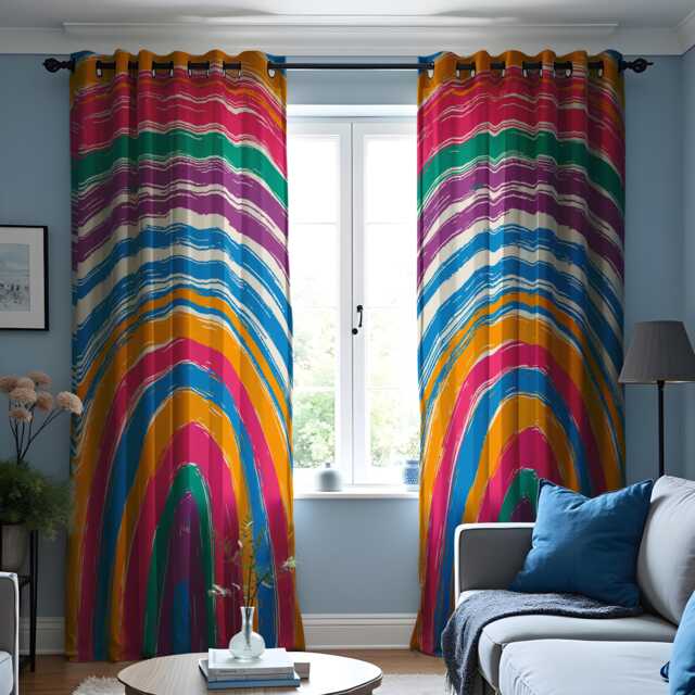 Rainbow Striped Curtains, Colorful Boho Window Panels, Bright Modern Living Room Drapes, Bold Abstract Paint Stroke Curtain Decor - image 1