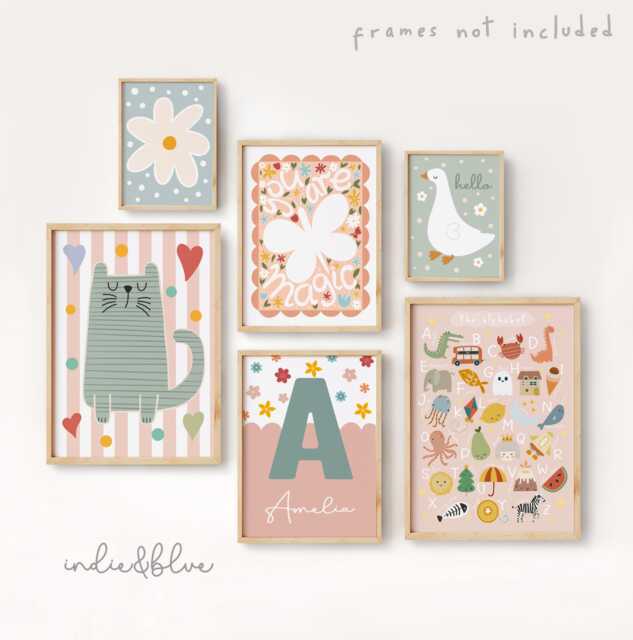 Set Of 6 Personalised Gallery Wall Prints in Pastel Pink & Green, Girl Flower Bedroom Decor, Teen Tween Poster - image 1