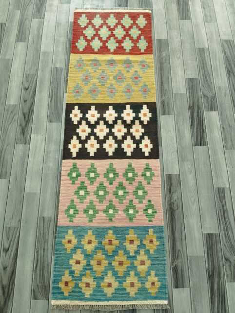 Kilim Runner Multicolour, Handmade Artisan Afghan Turkish Persian Qashqai Navajo Bohemian Natural Wool Flatweave Rug 208x62 cm - image 1