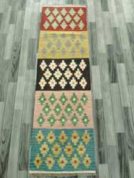 Kilim Runner Multicolour, Handmade Artisan Afghan Turkish Persian Qashqai Navajo Bohemian Natural Wool Flatweave Rug 208x62 cm - thumbnail 1