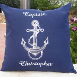 Nautical Pillow Cover Blue Anchor Name Personalized Captain Gift Embroidered Boat Sailing - thumbnail 2