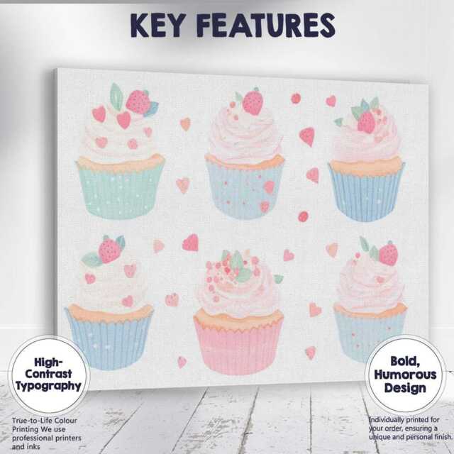 Pastel Strawberry Cupcake Collection Sweet Dessert Illustration Canvas Wall Art Print Decor Picture Ready To Hang - image 1