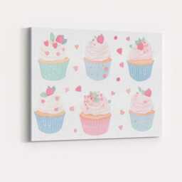 Pastel Strawberry Cupcake Collection Sweet Dessert Illustration Canvas Wall Art Print Decor Picture Ready To Hang - thumbnail 4
