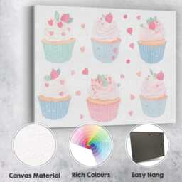Pastel Strawberry Cupcake Collection Sweet Dessert Illustration Canvas Wall Art Print Decor Picture Ready To Hang - thumbnail 2