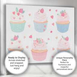 Pastel Strawberry Cupcake Collection Sweet Dessert Illustration Canvas Wall Art Print Decor Picture Ready To Hang - thumbnail 3