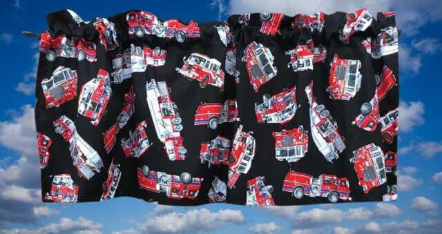 Fireman Kitchen Valance - Rescue Vehicles Firetruck Farmhouse Country Curtain - image 1