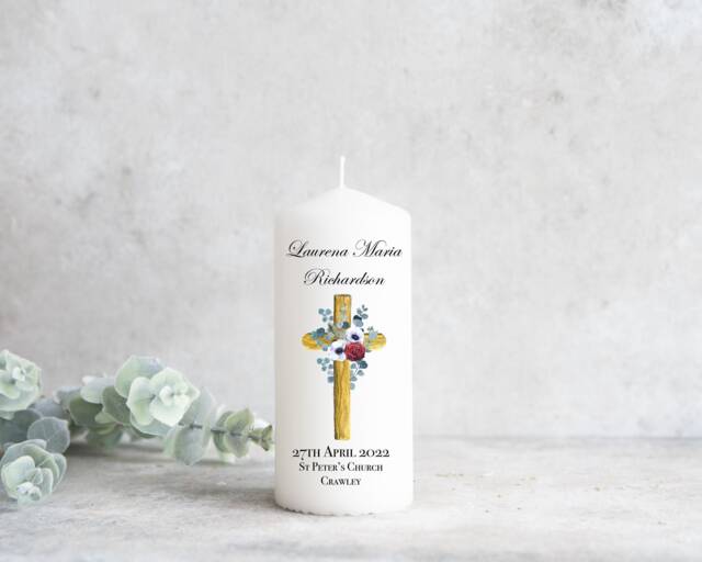 Personalised Christening Baptism Candle Naming Day Memory Keepsake Gift Unisex Boy Girl, Floral Cross, New Baby Gift, Godparents, Present - image 1