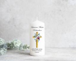 Personalised Christening Baptism Candle Naming Day Memory Keepsake Gift Unisex Boy Girl, Floral Cross, New Baby Gift, Godparents, Present - thumbnail 1