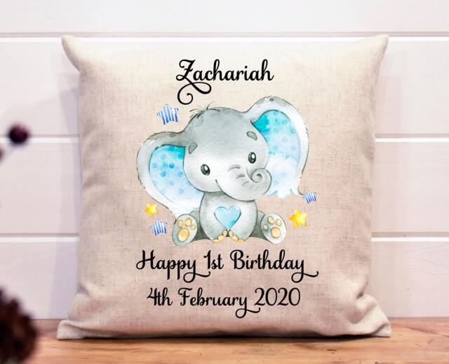 Personalized 1st Birthday Elephant Cushion Soft Linen Keepsake - 40x40cm - image 1