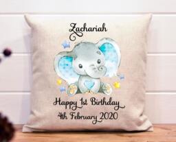 Personalized 1st Birthday Elephant Cushion Soft Linen Keepsake - 40x40cm - thumbnail 1