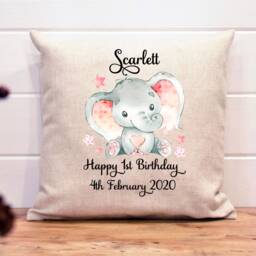 Personalized 1st Birthday Elephant Cushion Soft Linen Keepsake - 40x40cm - thumbnail 2