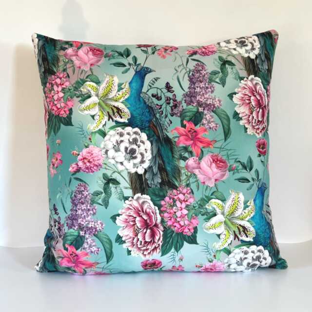 Peacock Floral Velvet Cushion Handmade Botanical Pillow With Zip - image 1