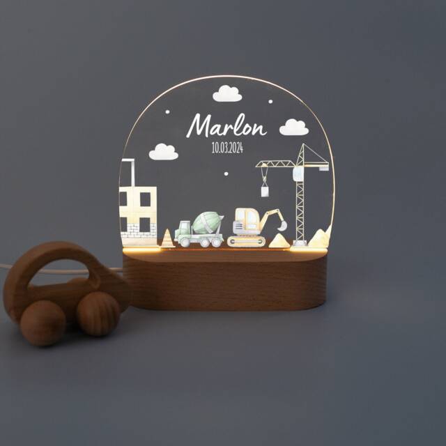 Night Light Excavator, Baby Gift Boy, Birth Night Construction Vehicles, Christening Children's Lamp, Nursing - image 1