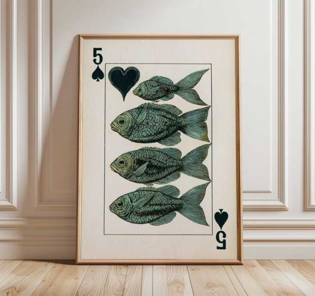 Five Of Spades Fish Art Print, Surreal Playing Card Poster, Nautical Wall Art, Ocean Illustration, Whimsical Coastal Home Decor - image 1