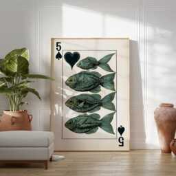 Five Of Spades Fish Art Print, Surreal Playing Card Poster, Nautical Wall Art, Ocean Illustration, Whimsical Coastal Home Decor - thumbnail 3