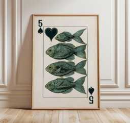 Five Of Spades Fish Art Print, Surreal Playing Card Poster, Nautical Wall Art, Ocean Illustration, Whimsical Coastal Home Decor - thumbnail 1