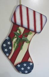 Stars & Stripes Wooden Christmas Stocking Holly Wall Decor - thumbnail 1