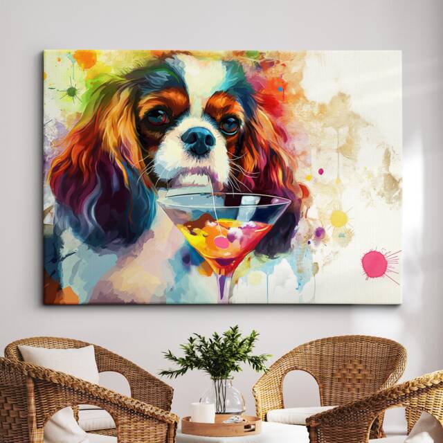King Charles Spaniel Martini Glass Painting Framed Poster Print & Canvas Wall Decor Art Bar Kitchen Room Dog Gift Pet - image 1