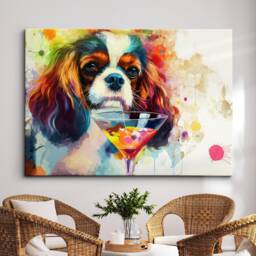 King Charles Spaniel Martini Glass Painting Framed Poster Print & Canvas Wall Decor Art Bar Kitchen Room Dog Gift Pet