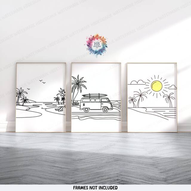 Minimal Campervan Prints - Set Of 3 Wall Art - Outdoor Posters Camper Van Monoline Beach Home Decor Gift Camping Nature Gifts - image 1