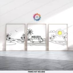 Minimal Campervan Prints - Set Of 3 Wall Art - Outdoor Posters Camper Van Monoline Beach Home Decor Gift Camping Nature Gifts - thumbnail 1
