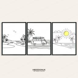 Minimal Campervan Prints - Set Of 3 Wall Art - Outdoor Posters Camper Van Monoline Beach Home Decor Gift Camping Nature Gifts - thumbnail 2