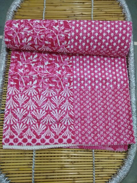 "Block Print Patchwork Kantha Quilt Vintage Indian Bedspread - 90""x108" - image 1