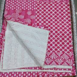 "Block Print Patchwork Kantha Quilt Vintage Indian Bedspread - 90""x108" - thumbnail 3