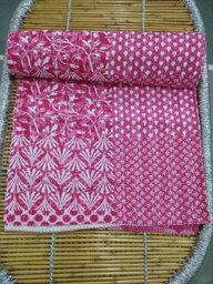 "Block Print Patchwork Kantha Quilt Vintage Indian Bedspread - 90""x108" - thumbnail 1