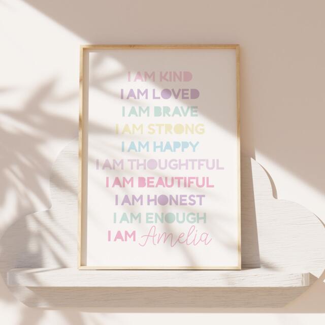 Girls Positive Affirmation Print, Bedroom Decor, I Am Nursery Prints, Playroom Wall Art, Motivational Quote