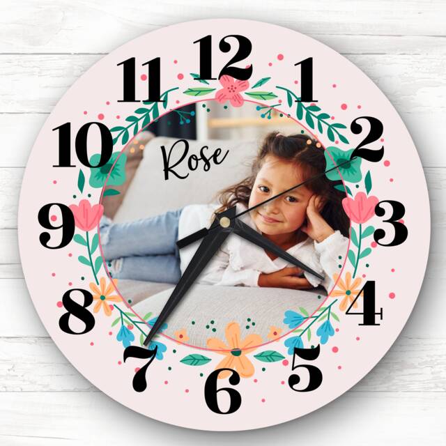Floral Photo Frame Kids Girls Personalised Gift Clock - image 1