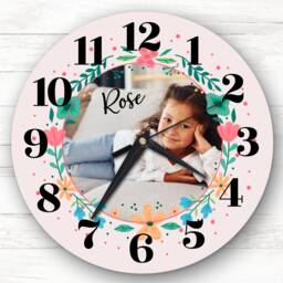Floral Photo Frame Kids Girls Personalised Gift Clock - thumbnail 1