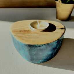 Modern Blue Recycled Wood Candle Holder, Decoration, Handmade, Unique Piece, Seaside Style - thumbnail 4