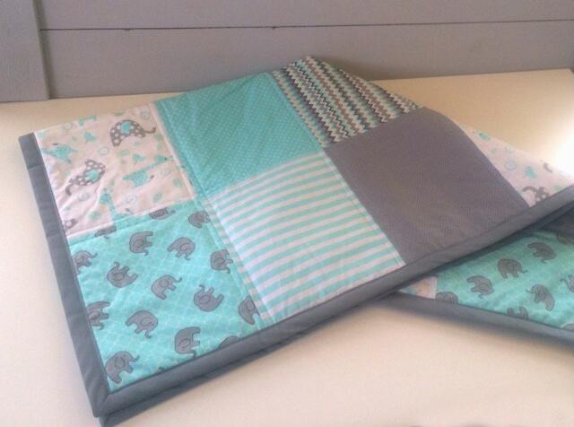 Baby Boy Blue White Grey Quilt, Quilt Blanket, Nursery Crib Small Zoo Animal - image 1