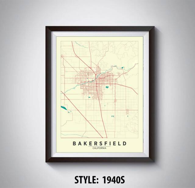 Bakersfield Ca Map Art Print Vintage Style Office Decor - image 1