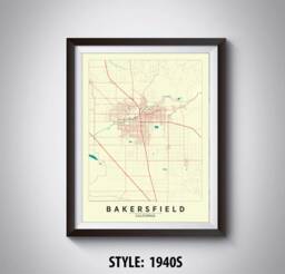 Bakersfield Ca Map Art Print Vintage Style Office Decor - thumbnail 1
