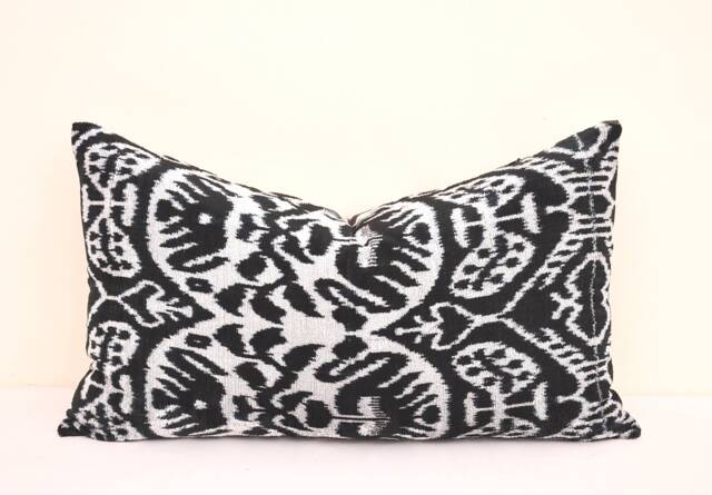 Black Silk Velvet Ikat Pillow Cover, Decorative Cushion - image 1