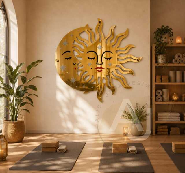 Celestial Sun & Moon Mirror Wall Art - Gold Acrylic Decor Boho Bedroom, Yoga Studio, Garden Room - image 1