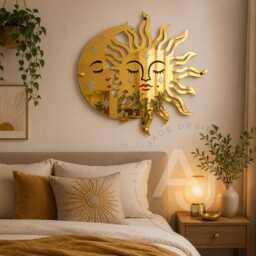 Celestial Sun & Moon Mirror Wall Art - Gold Acrylic Decor Boho Bedroom, Yoga Studio, Garden Room - thumbnail 3