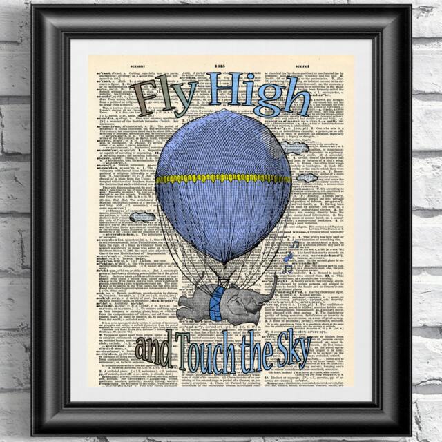 Nursery Print Poster Fly High & Touch The Sky Blue Or Pink. Baby Elephant Air Balloon On Antique Dictionary Book Page Wall Hanging - image 1
