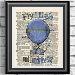 Nursery Print Poster Fly High & Touch The Sky Blue Or Pink. Baby Elephant Air Balloon On Antique Dictionary Book Page Wall Hanging - thumbnail 1